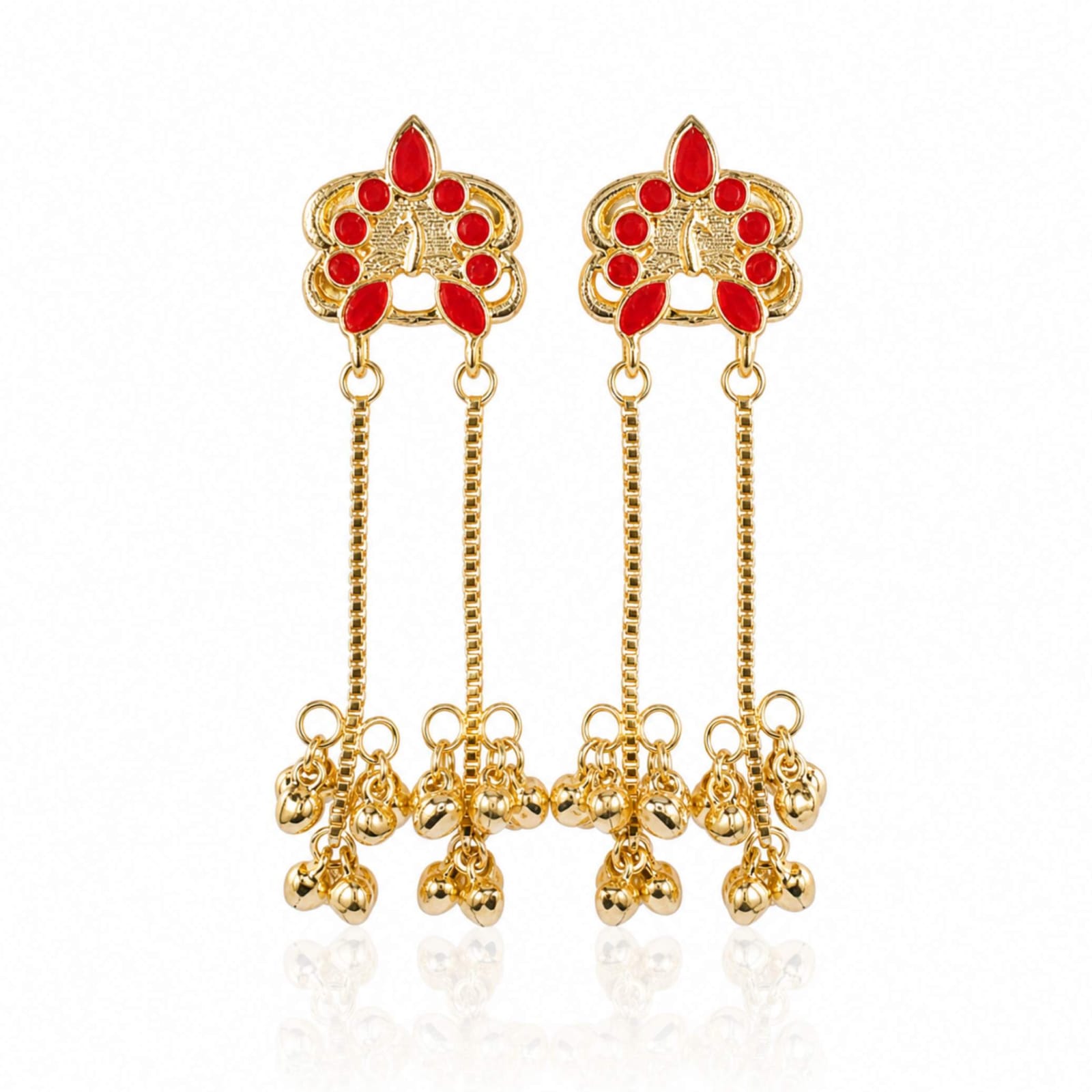Gold Floral Gemstone Stud Chain Ghungroo Drop Earrings