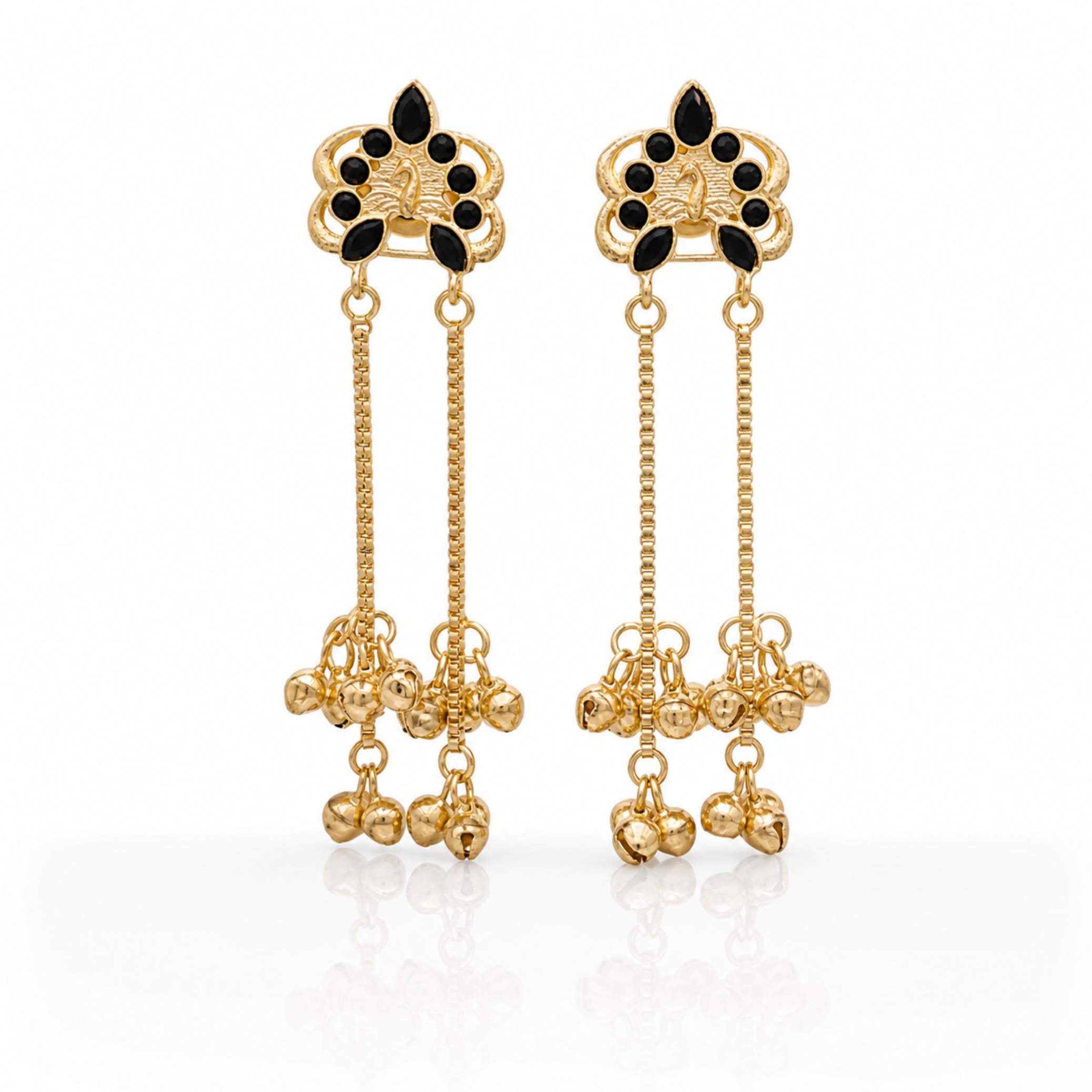 Gold Floral Gemstone Stud Chain Ghungroo Drop Earrings
