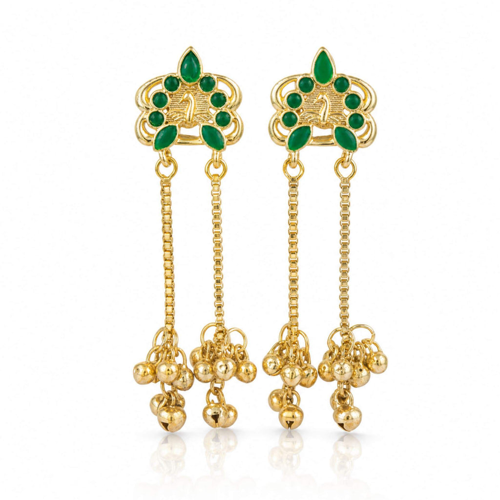 Gold Floral Gemstone Stud Chain Ghungroo Drop Earrings