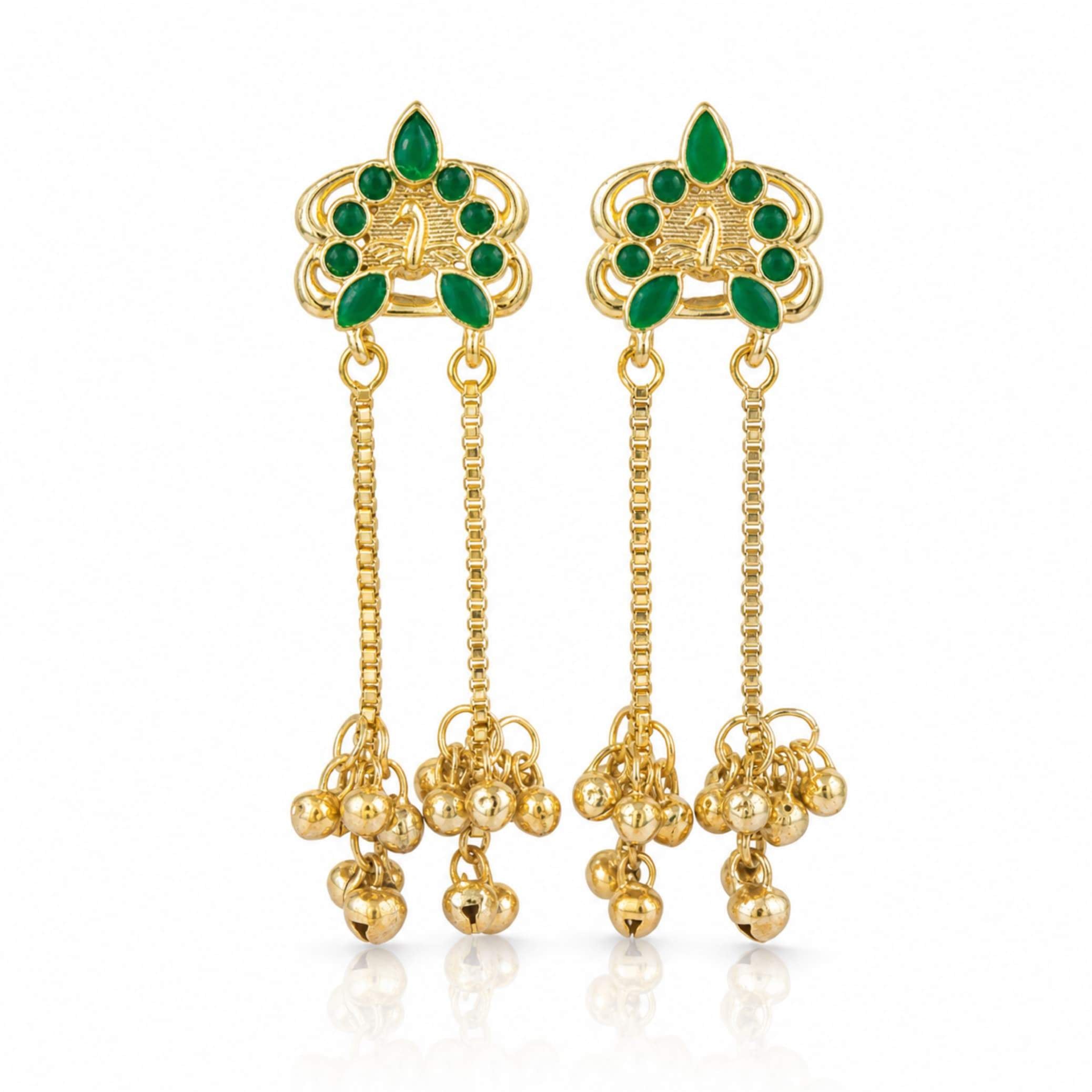 Gold Floral Gemstone Stud Chain Ghungroo Drop Earrings