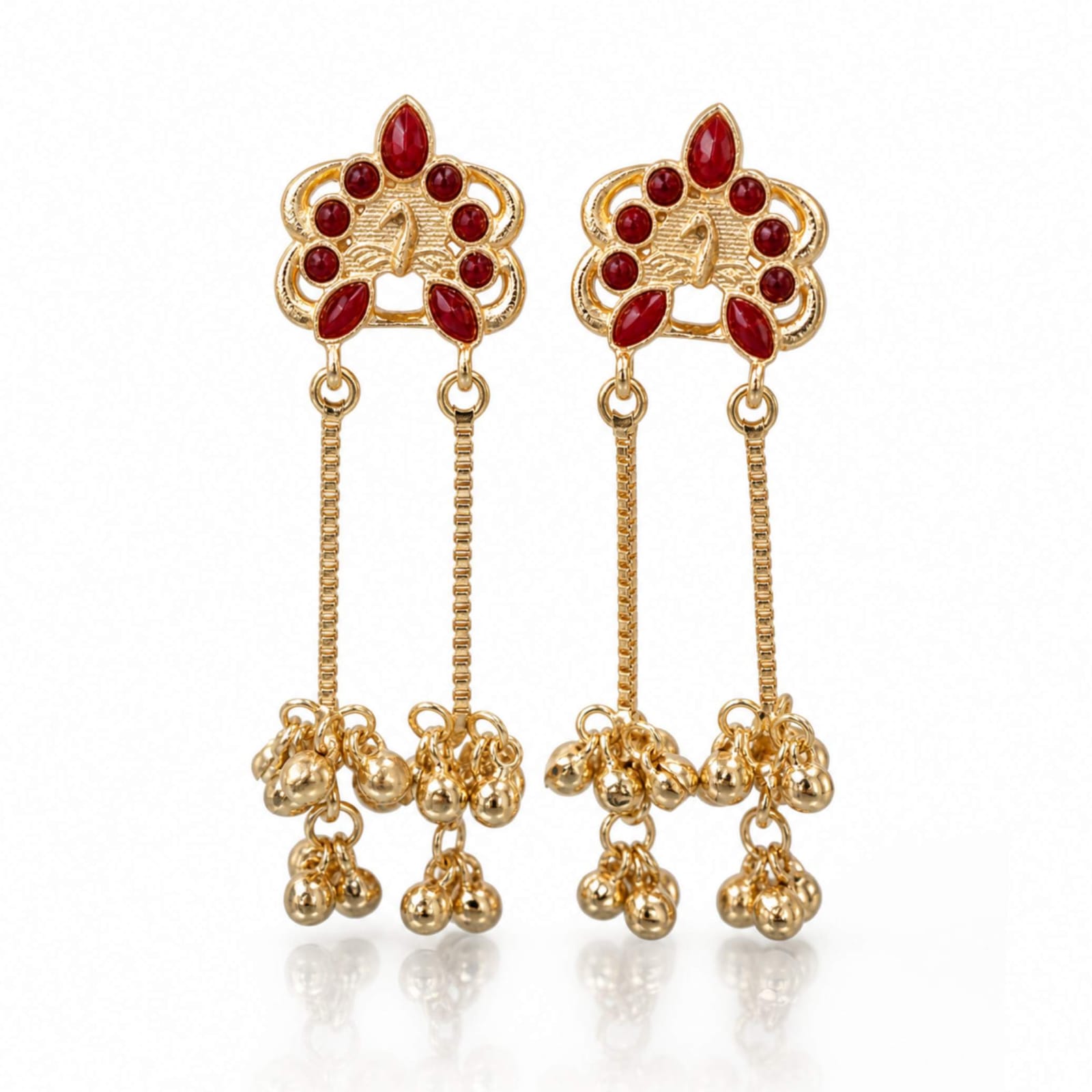 Gold Floral Gemstone Stud Chain Ghungroo Drop Earrings