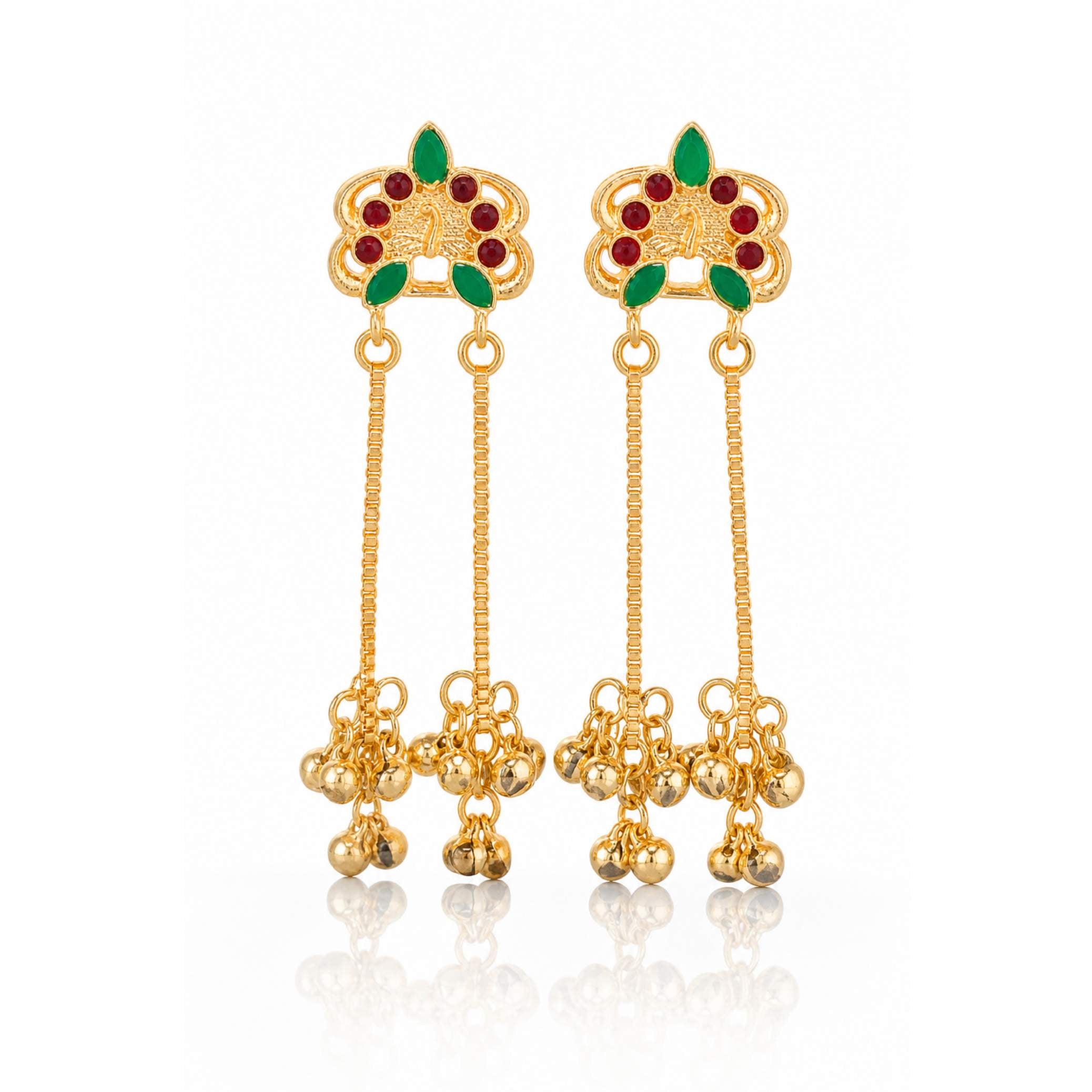 Gold Floral Gemstone Stud Chain Ghungroo Drop Earrings
