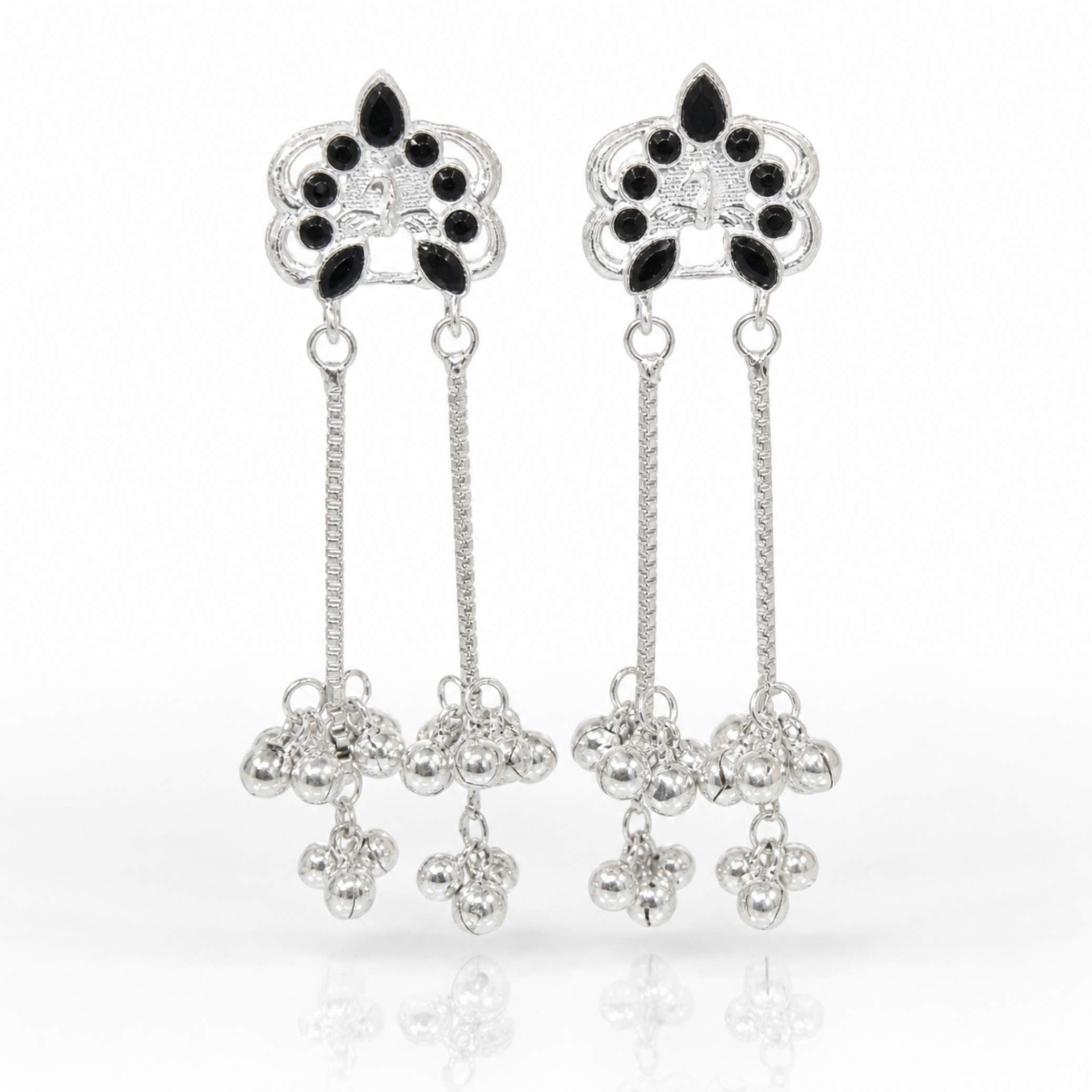 Silver Enamel Floral Ghungroo Chain Drop Earrings