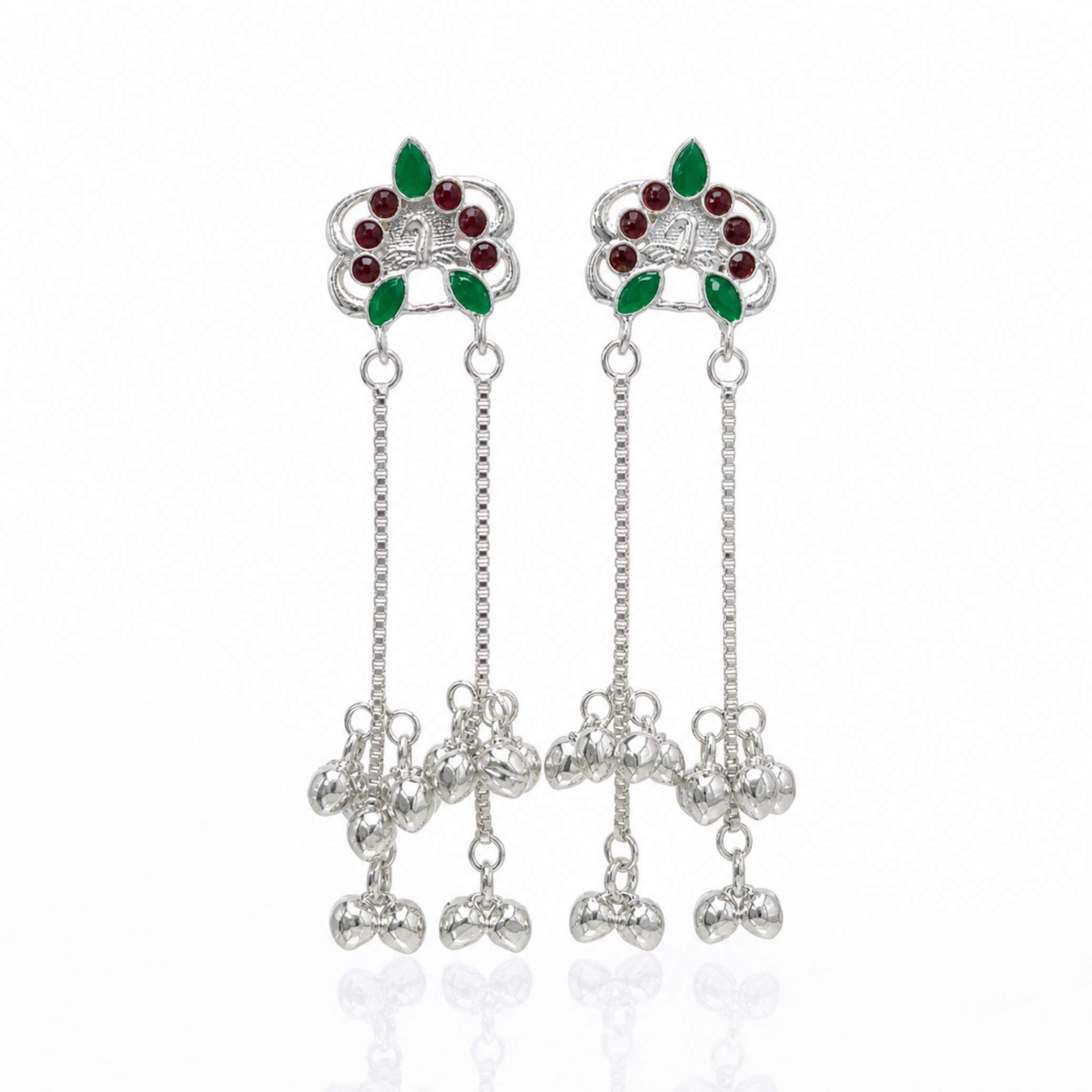 Silver Enamel Floral Ghungroo Chain Drop Earrings