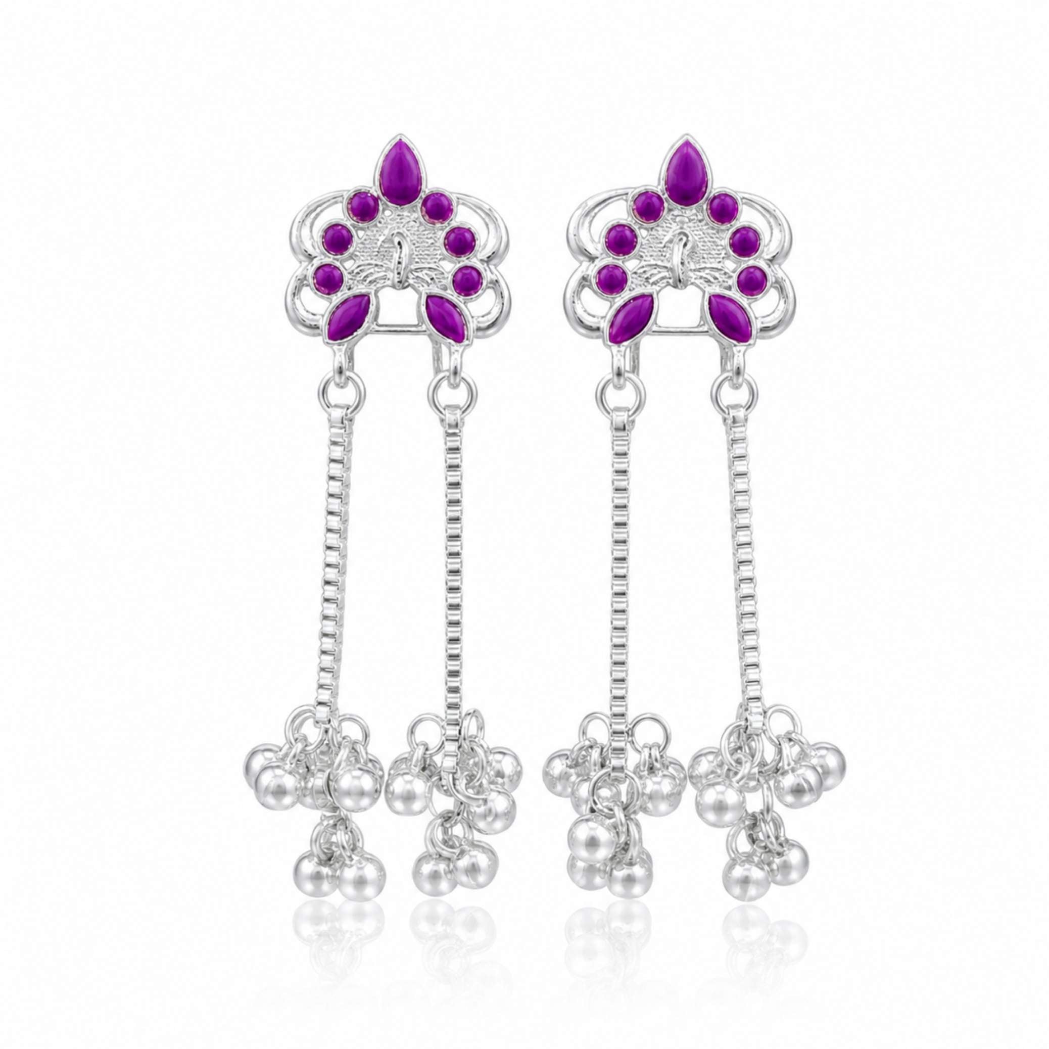 Silver Enamel Floral Ghungroo Chain Drop Earrings