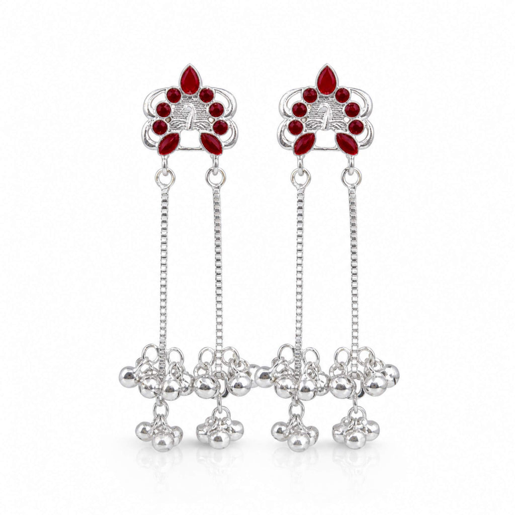 Silver Enamel Floral Ghungroo Chain Drop Earrings