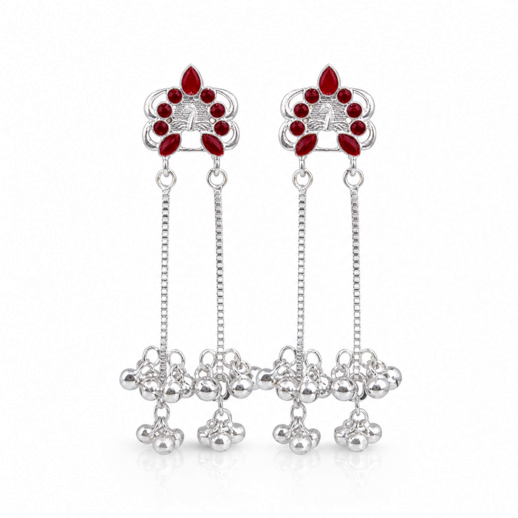 Silver Enamel Floral Ghungroo Chain Drop Earrings
