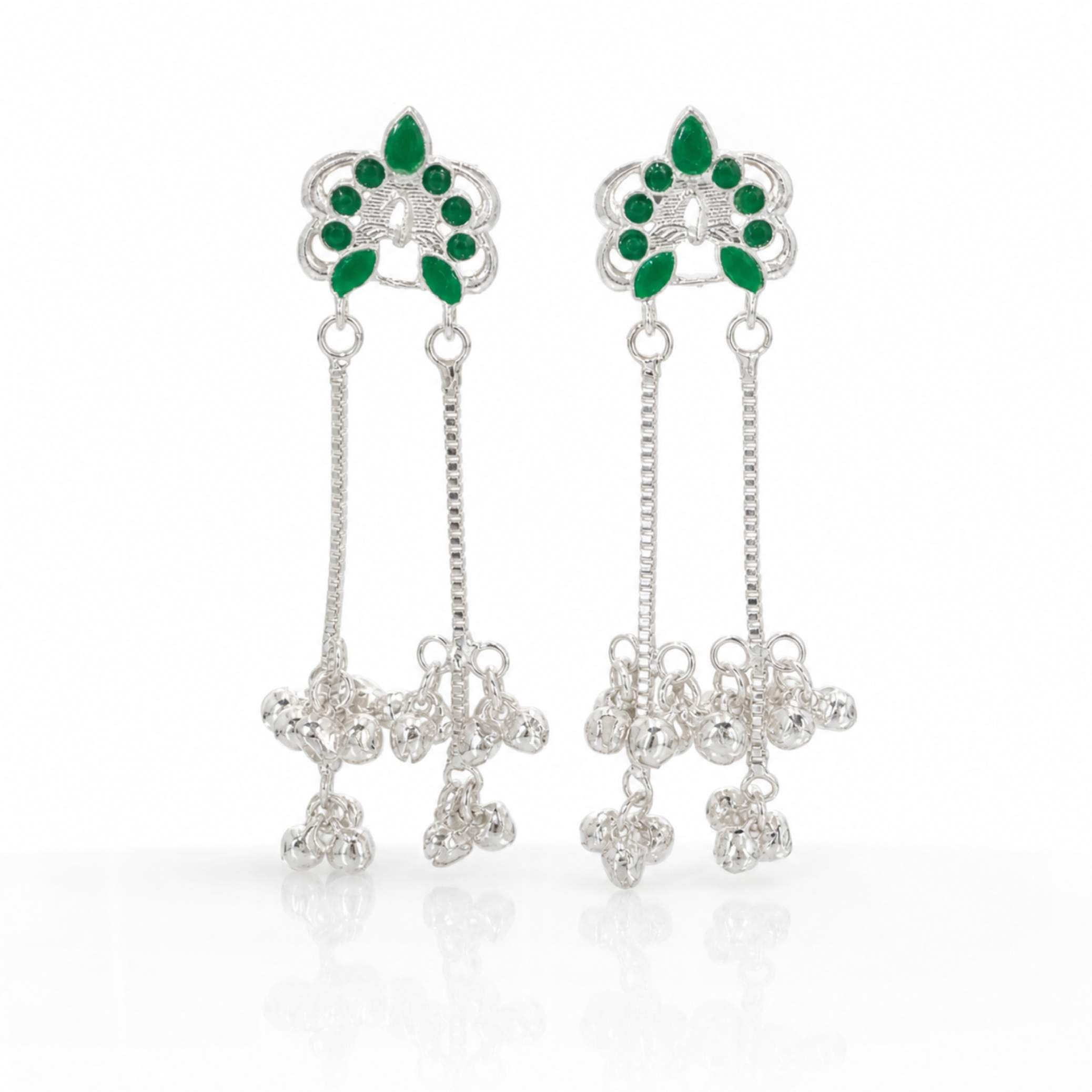 Silver Enamel Floral Ghungroo Chain Drop Earrings