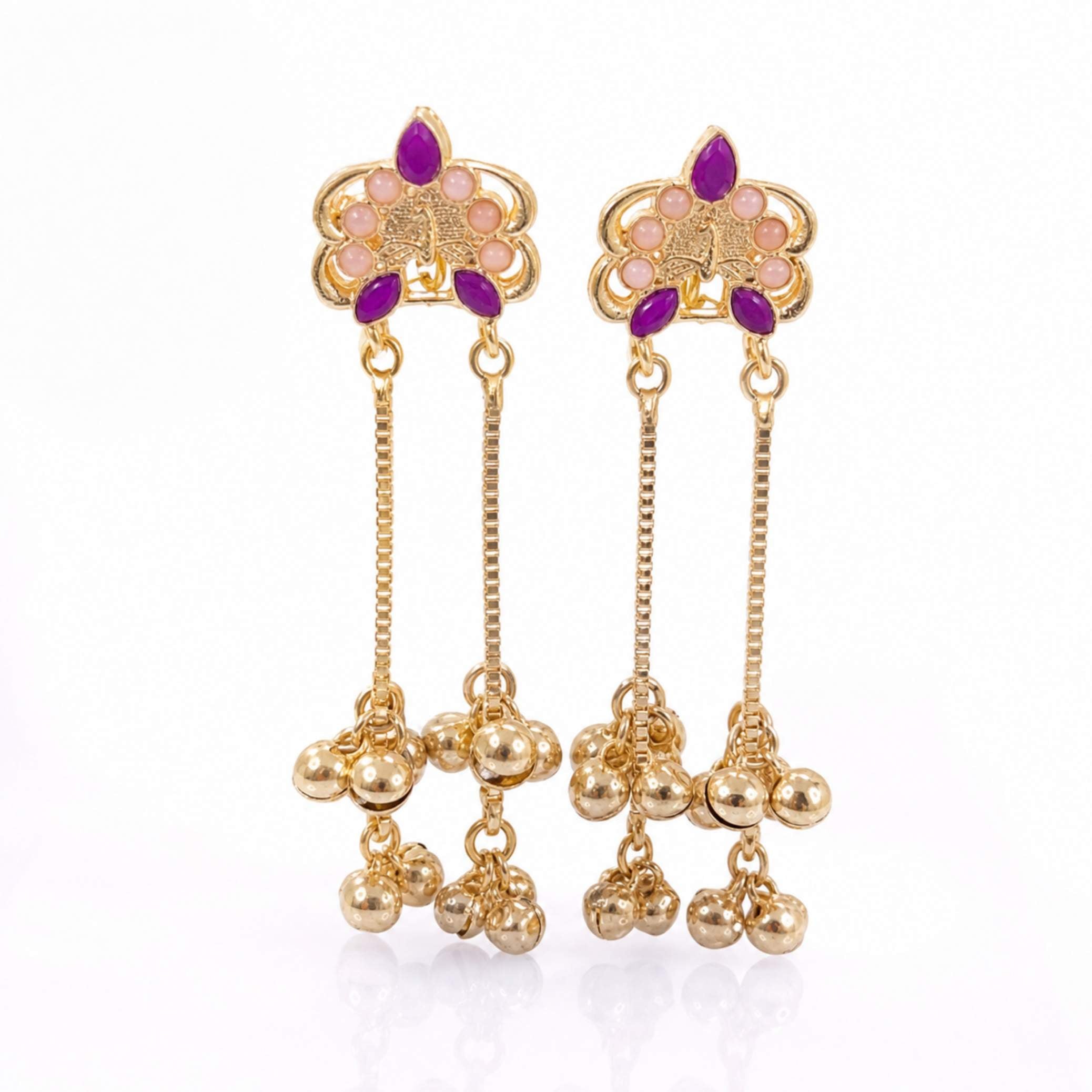 Gold Floral Gemstone Stud Chain Ghungroo Drop Earrings