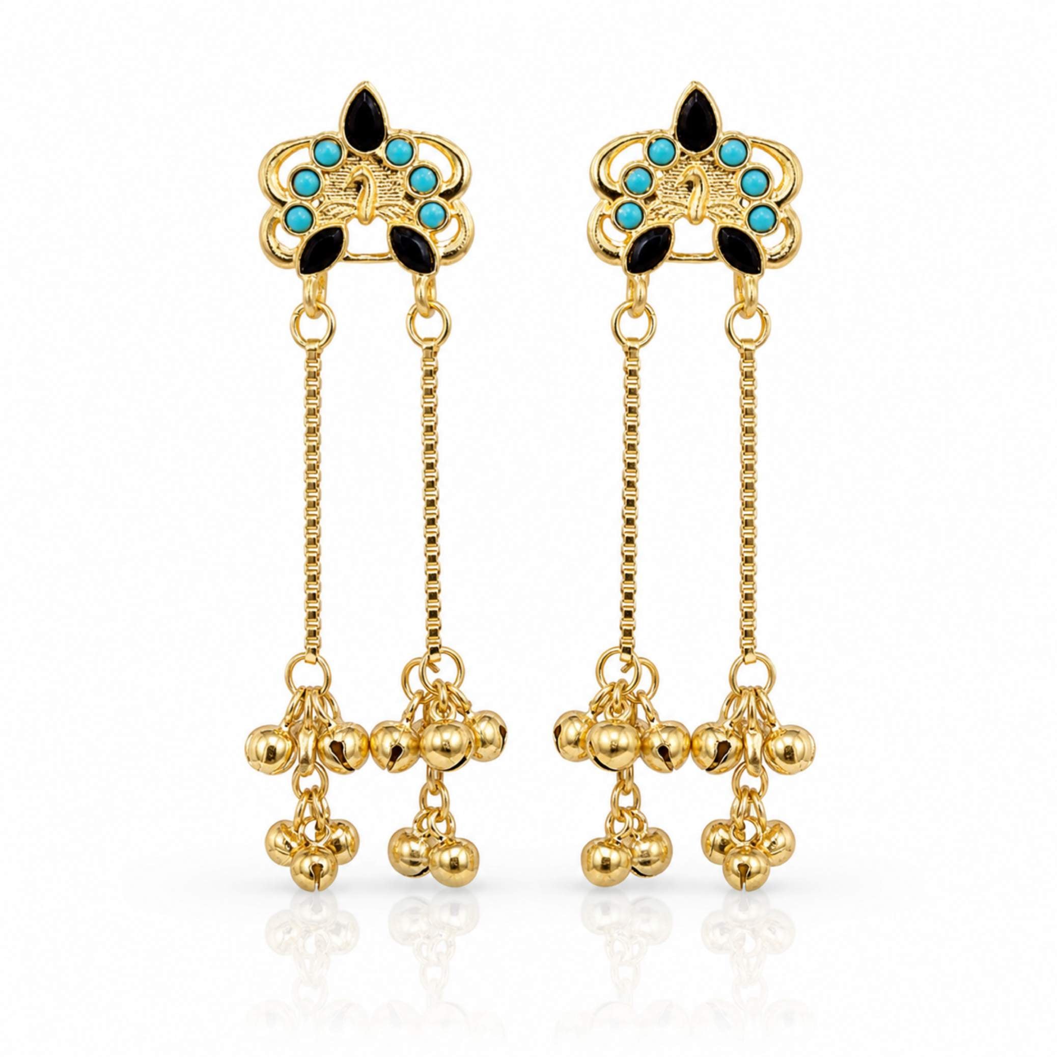Gold Floral Gemstone Stud Chain Ghungroo Drop Earrings