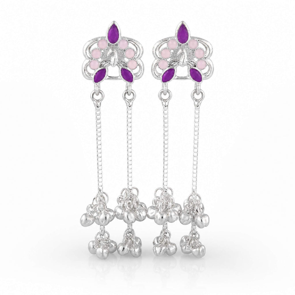 Silver Enamel Floral Ghungroo Chain Drop Earrings