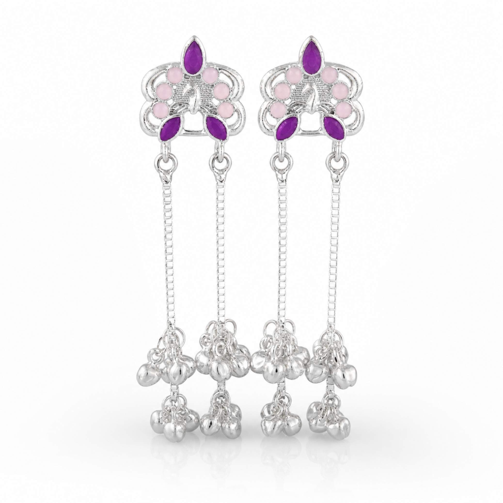 Silver Enamel Floral Ghungroo Chain Drop Earrings
