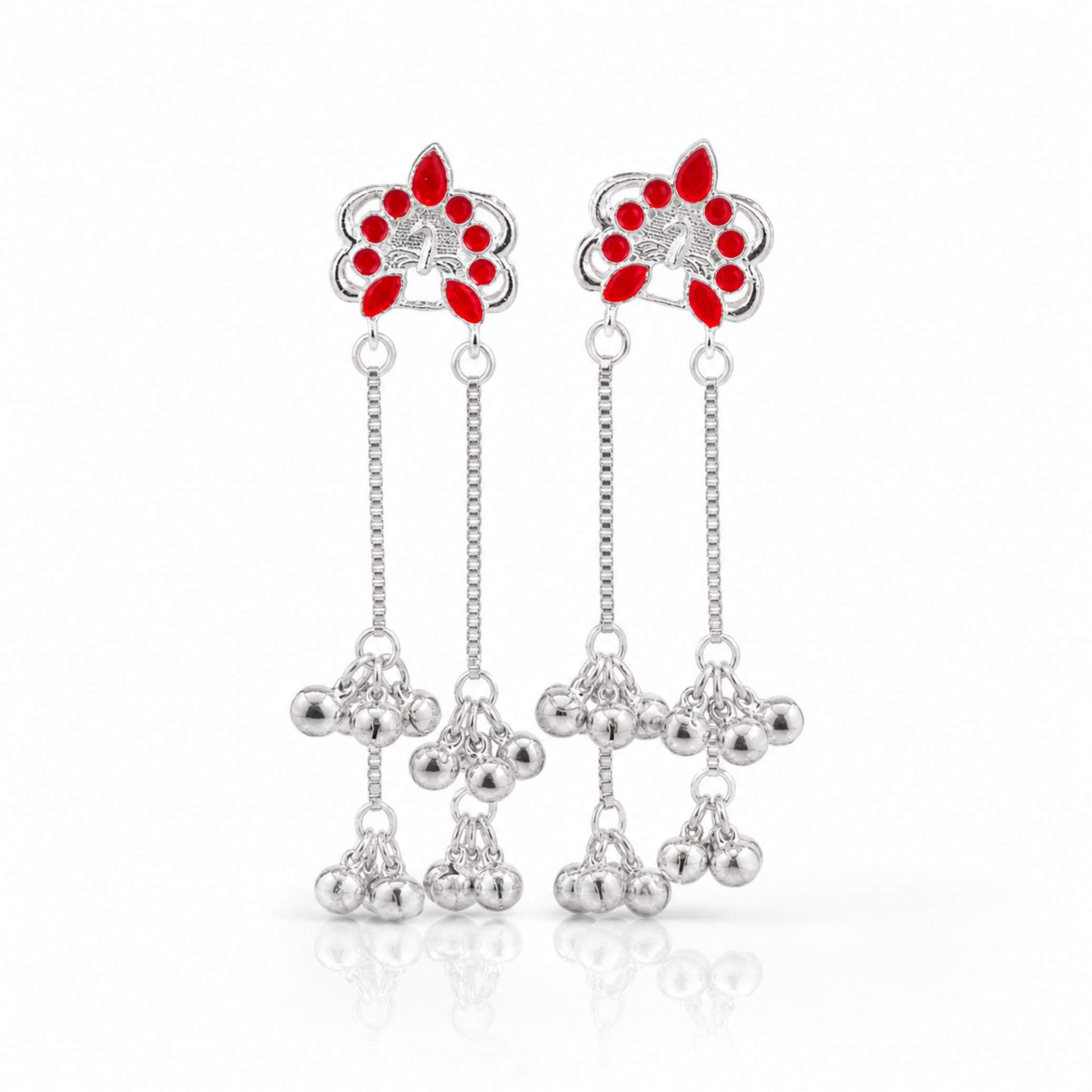 Silver Enamel Floral Ghungroo Chain Drop Earrings