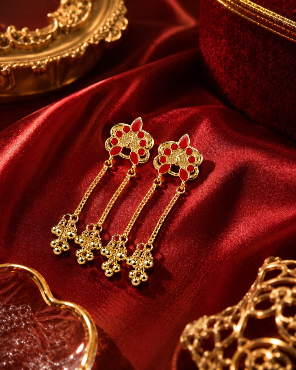 Gold Floral Gemstone Stud Chain Ghungroo Drop Earrings