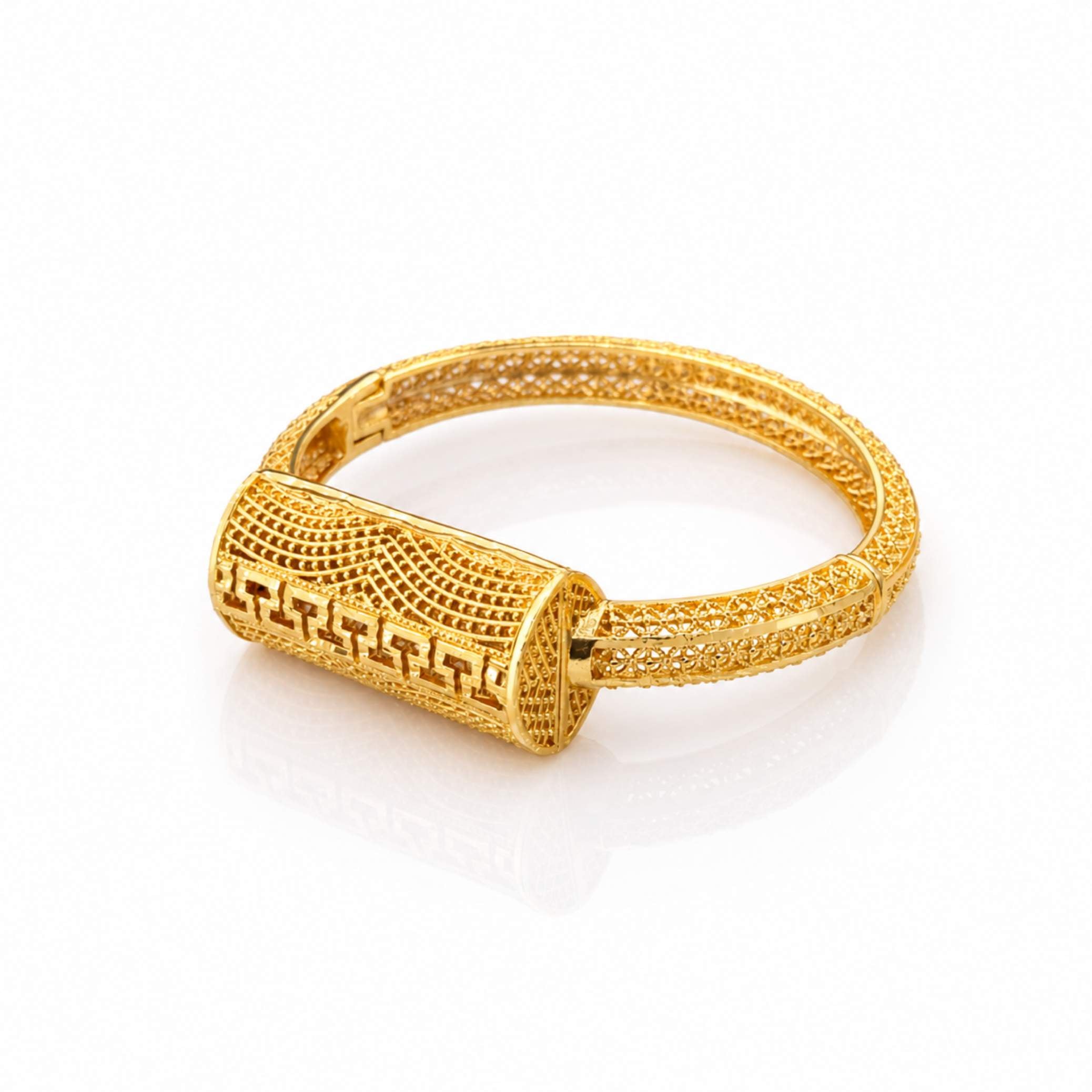 Twin Dome Ball Cuff - arch lattice open cuff with leaf filigree dome ball terminals