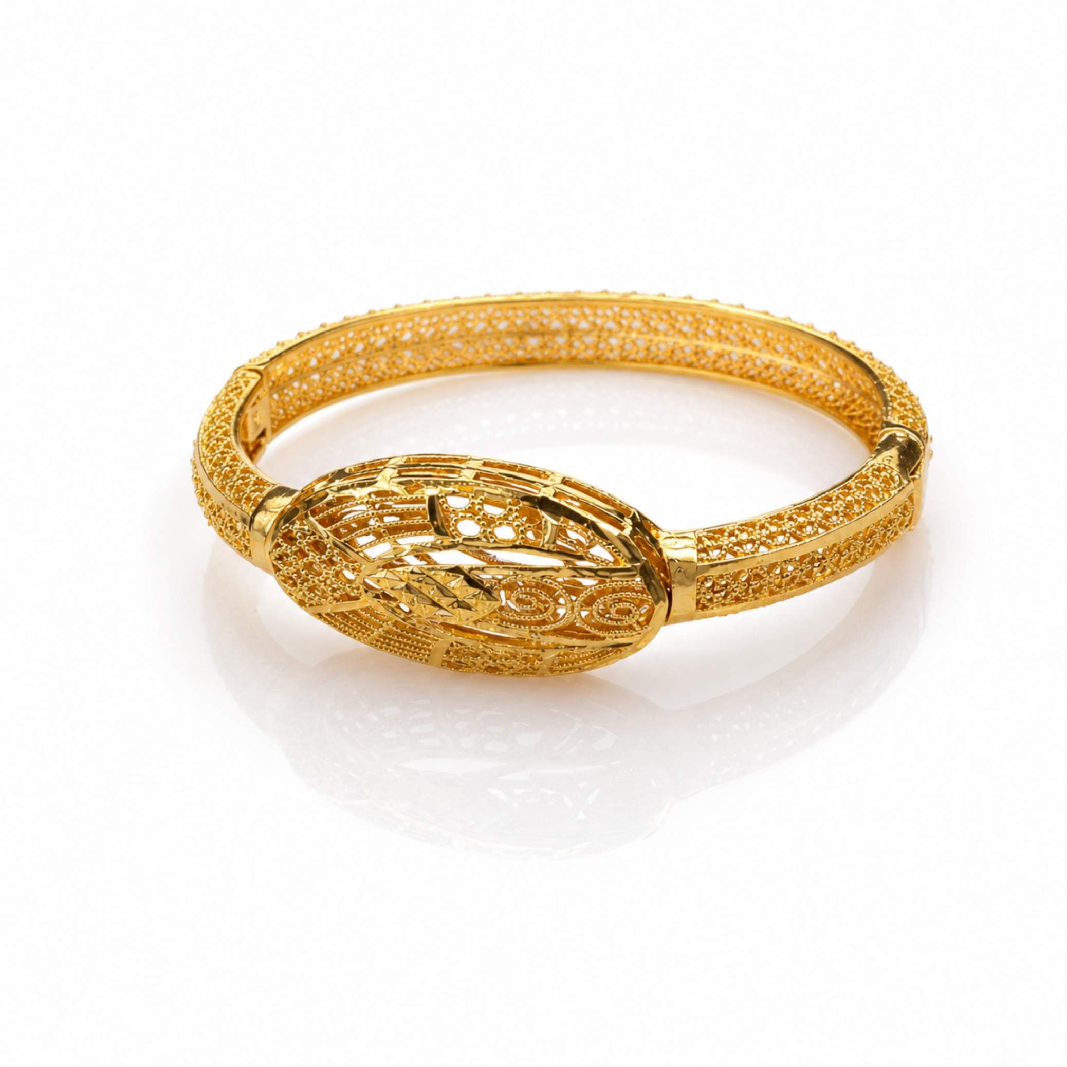 Coiled Ring Filigree Bangle - quatrefoil lattice bangle with stacked granulated coil centerpiece