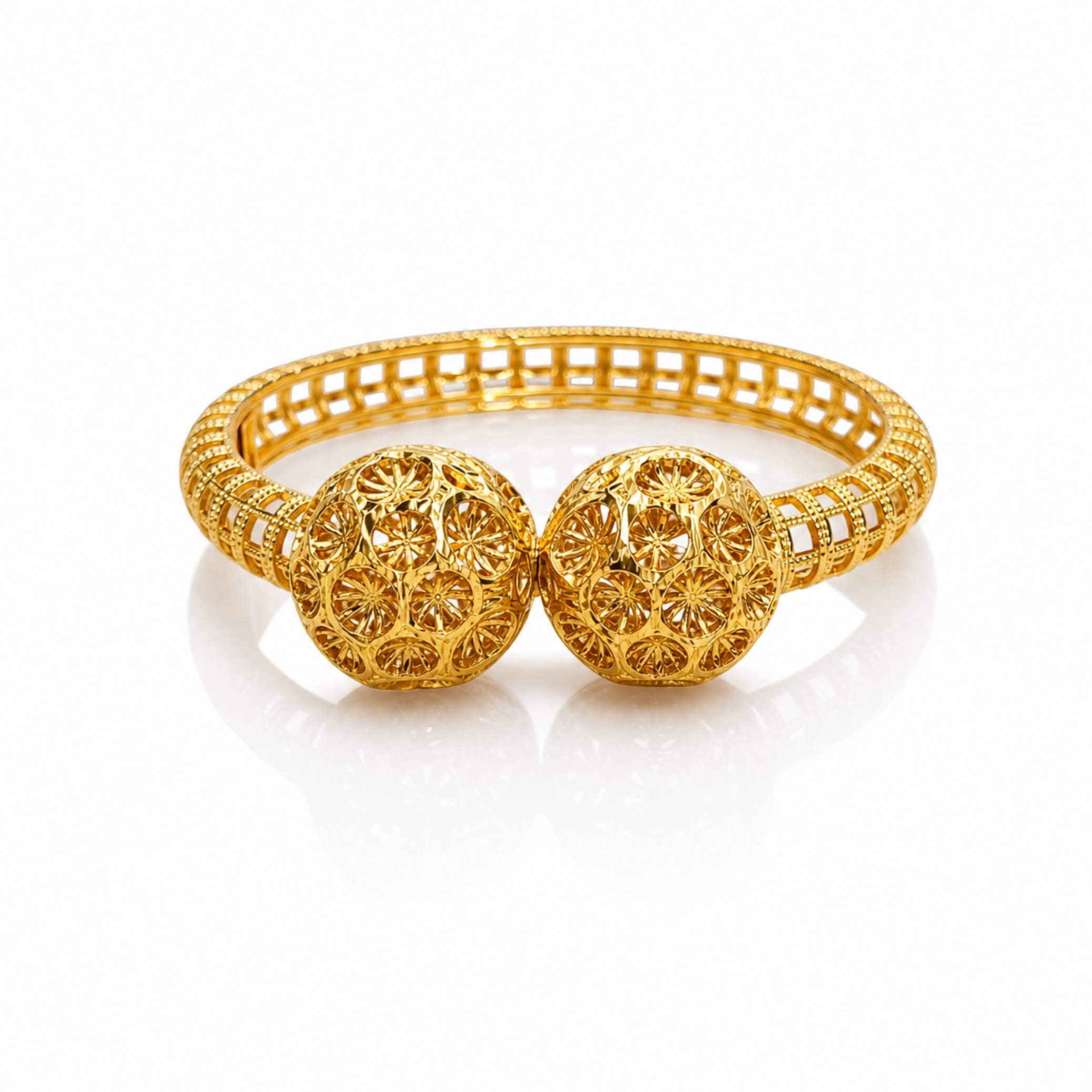 Filigree Ball Twin Cuff - front view showing daisy-wheel rosette filigree balls and grid band