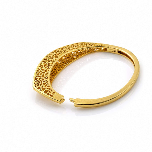 18K Gold Filigree Rose Honeycomb Cuff Bangle