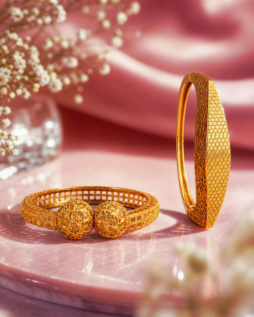 Filigree Ball Twin Cuff and Honeycomb Rose Hinged Bangle - styled on pink marble