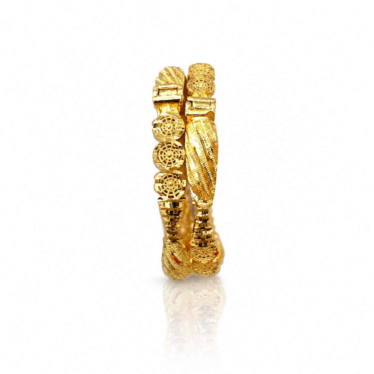 Diamond-Cut Diagonal Engraved Pair - wide hinged bangles with lattice diamond-cut grooves