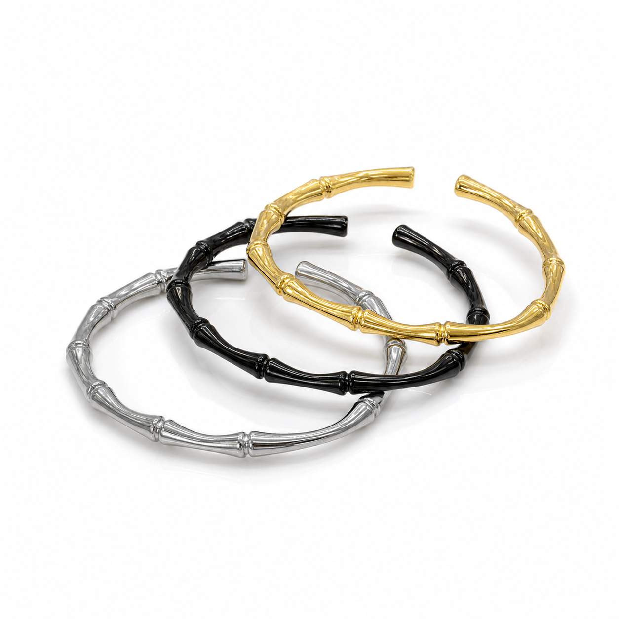 Bamboo Cuff Bangle in gold, black and silver - open cuff with bamboo-joint texture