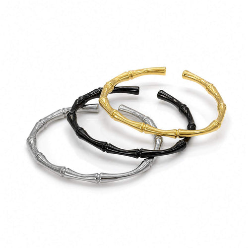Bamboo Cuff Bangle in gold, black and silver - open cuff with bamboo-joint texture