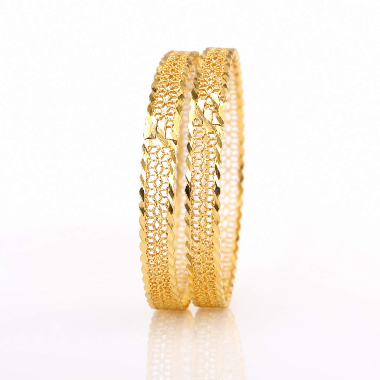 Crown Arch Filigree Pair - bangles with faceted panels and granulated crown arch filigree stations