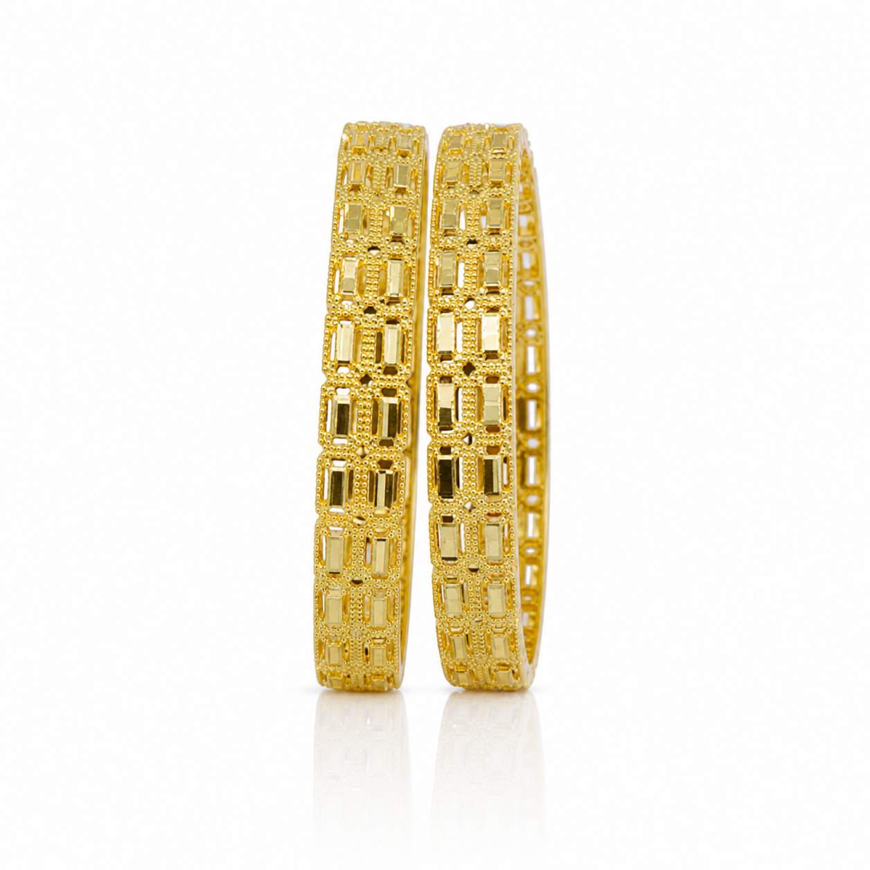 Chevron Ribbed Butterfly Openwork Pair - hinged bangles with ribbed chevron panels and butterfly filigree stations