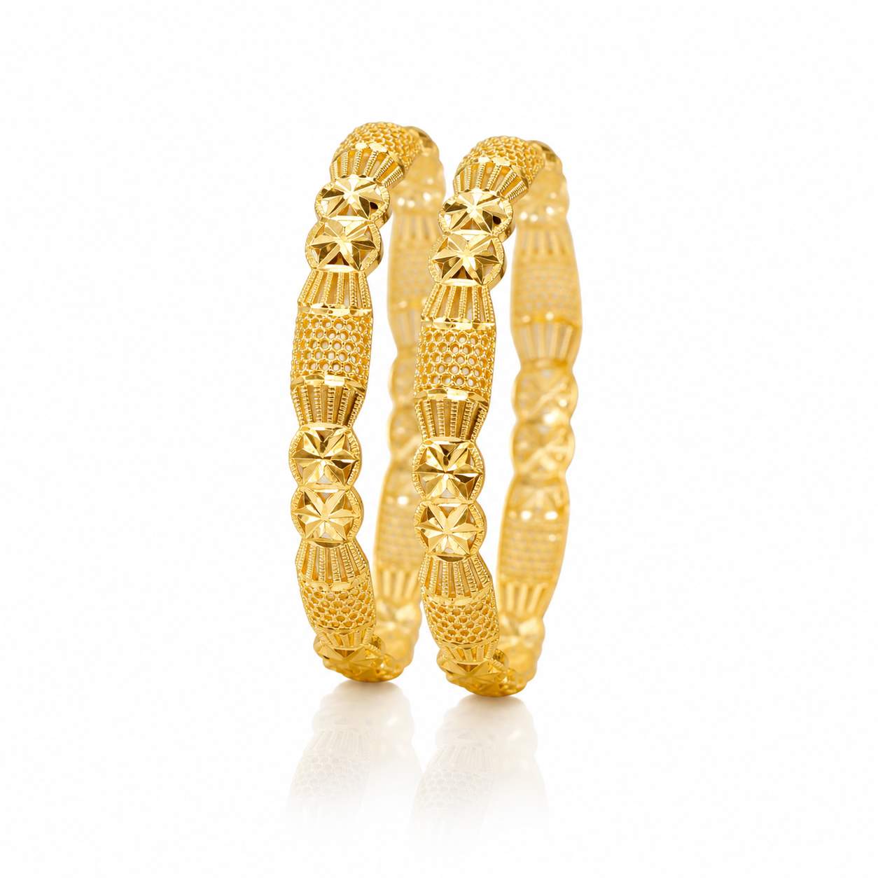 Diamond Star Filigree Hinged Pair - wide tubular hinged bangles with diamond cutouts and star-flower border