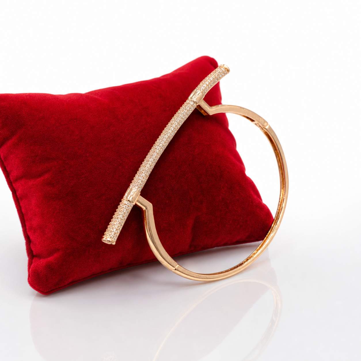 Pavé Bar-on-Circle Bangle - polished gold circle with diagonal pavé bar and baguette accent