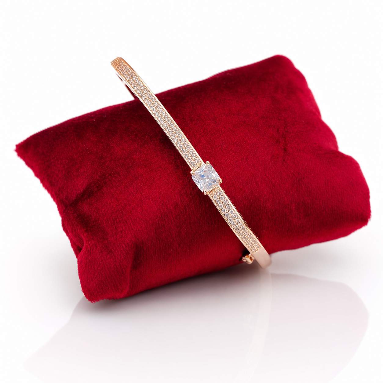 Pavé Square Crystal Bangle - slender pavé band with princess-cut solitaire centerpiece