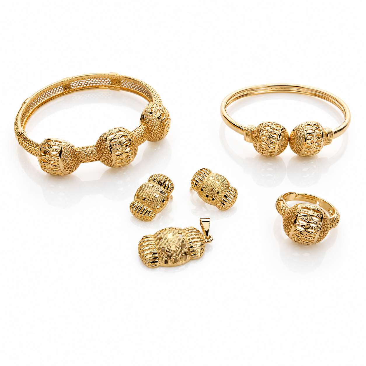 Honeycomb Ball Set - honeycomb textured ball bangle with dome earrings and oval pendant