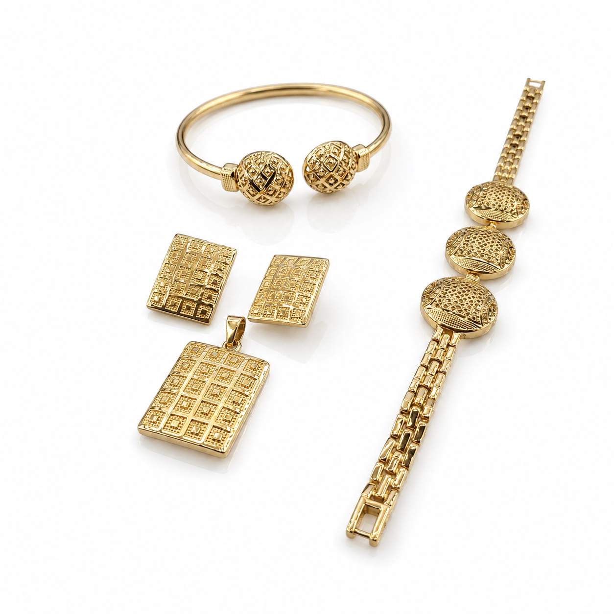 Leaf Ball Set - engraved ball bangle with leaf earrings, pendant and ring