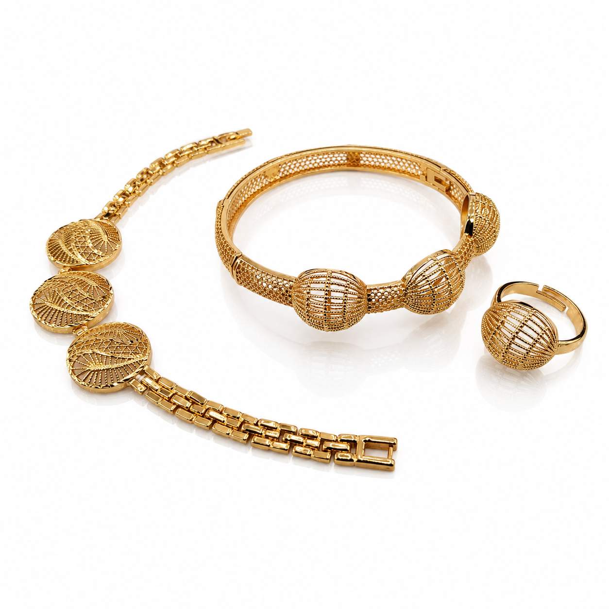 Mandala Disc Set - filigree disc bangle with matching round earrings and pendant