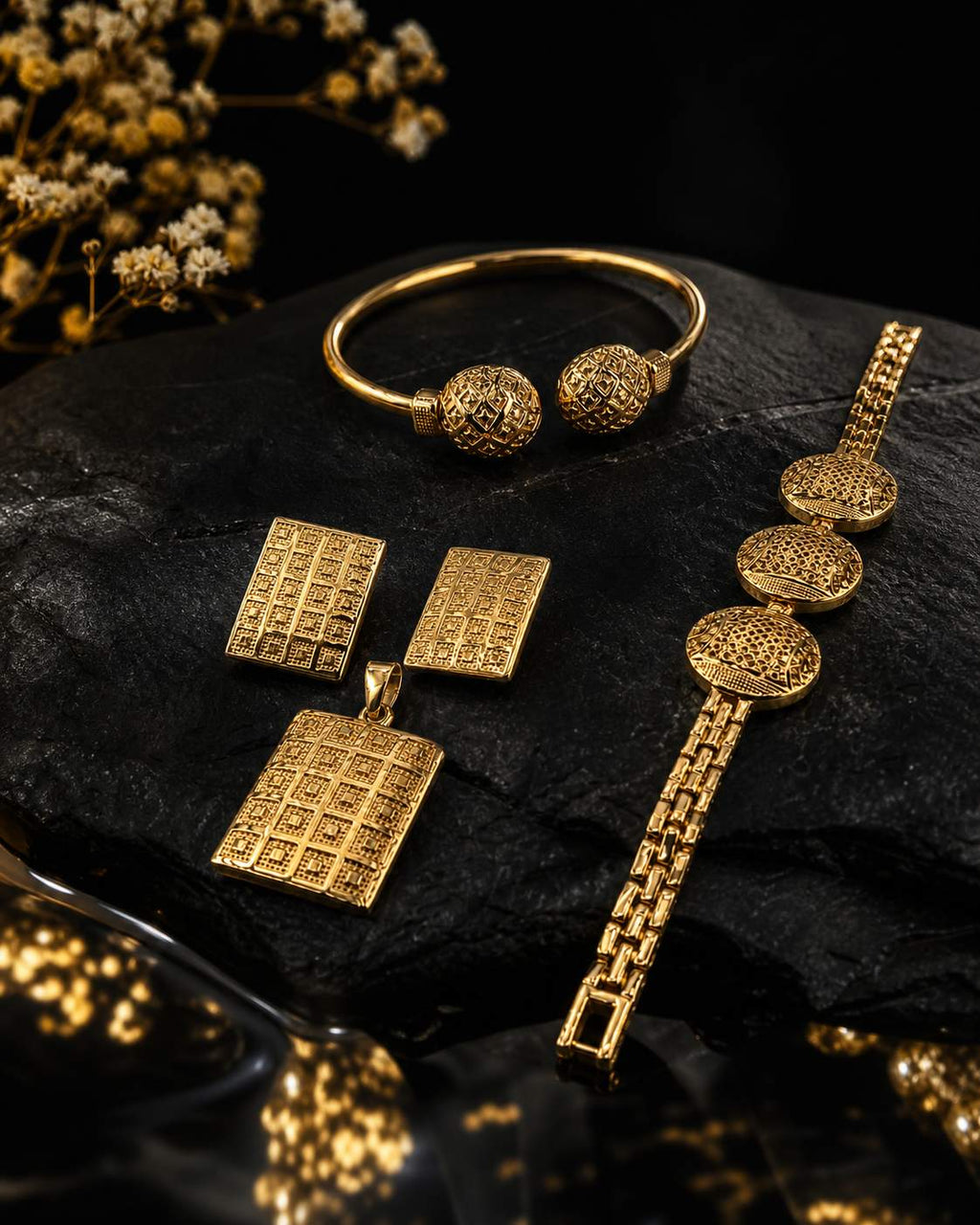 Gold Jewelry Set - matching bangle, earrings and pendant