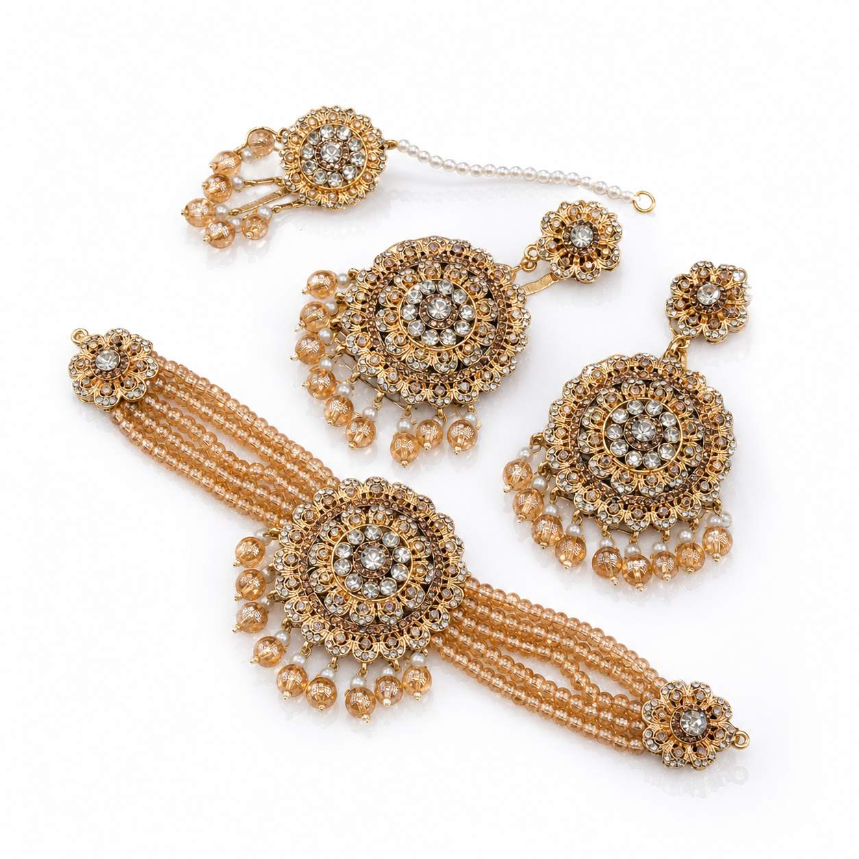 Meenakari Chandbali Haath Phool Set - side angle showing bead strands and finger ring
