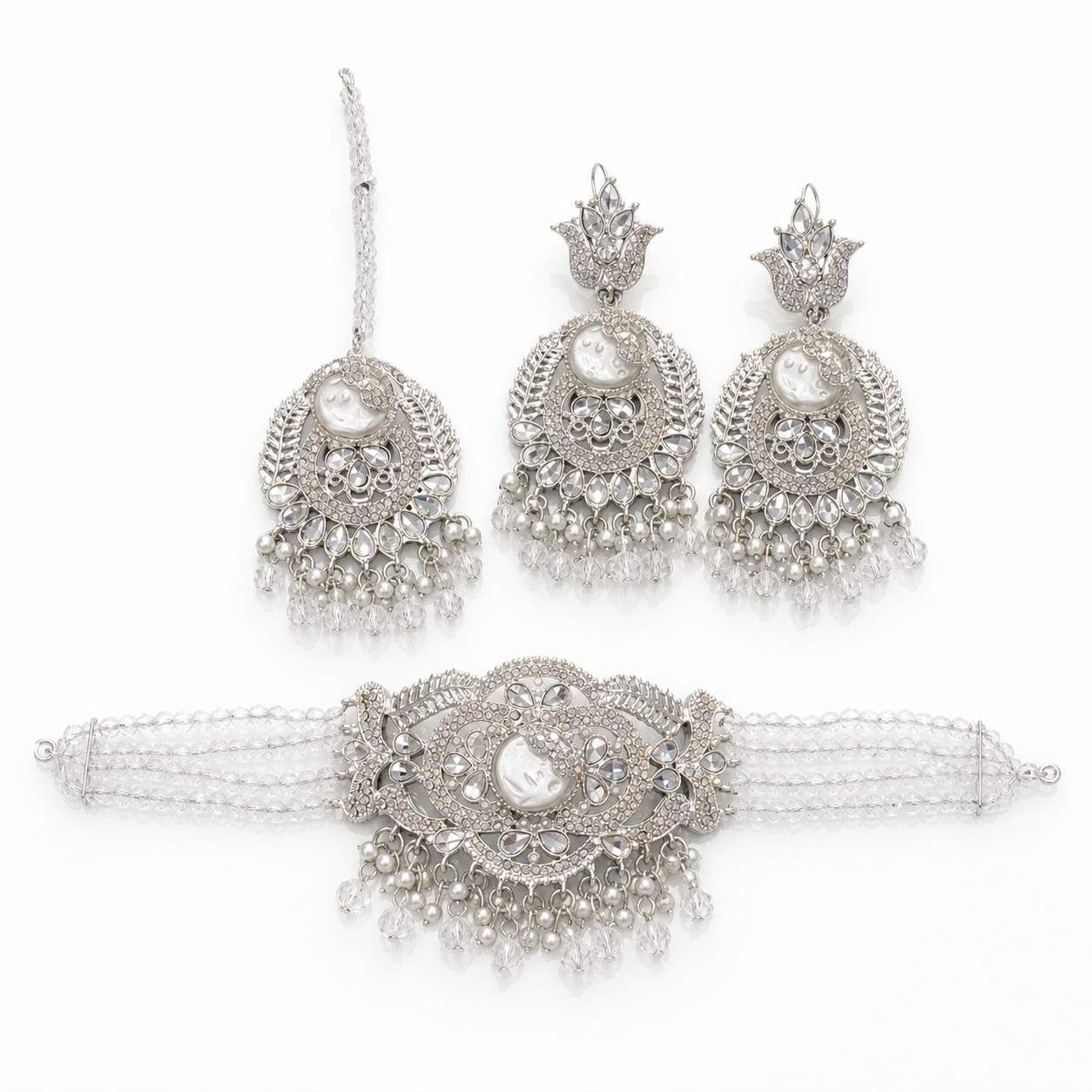 Champagne Pearl Kundan Chandbali Haath Phool Set - antique gold disc with champagne crystal and mixed pearl fringe