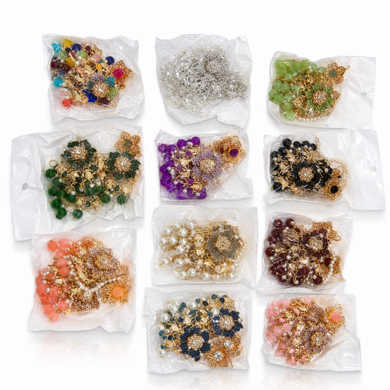 Floral Rhinestone Chandbali Earring and Maang Tikka Set - all 12 color variants in packaging