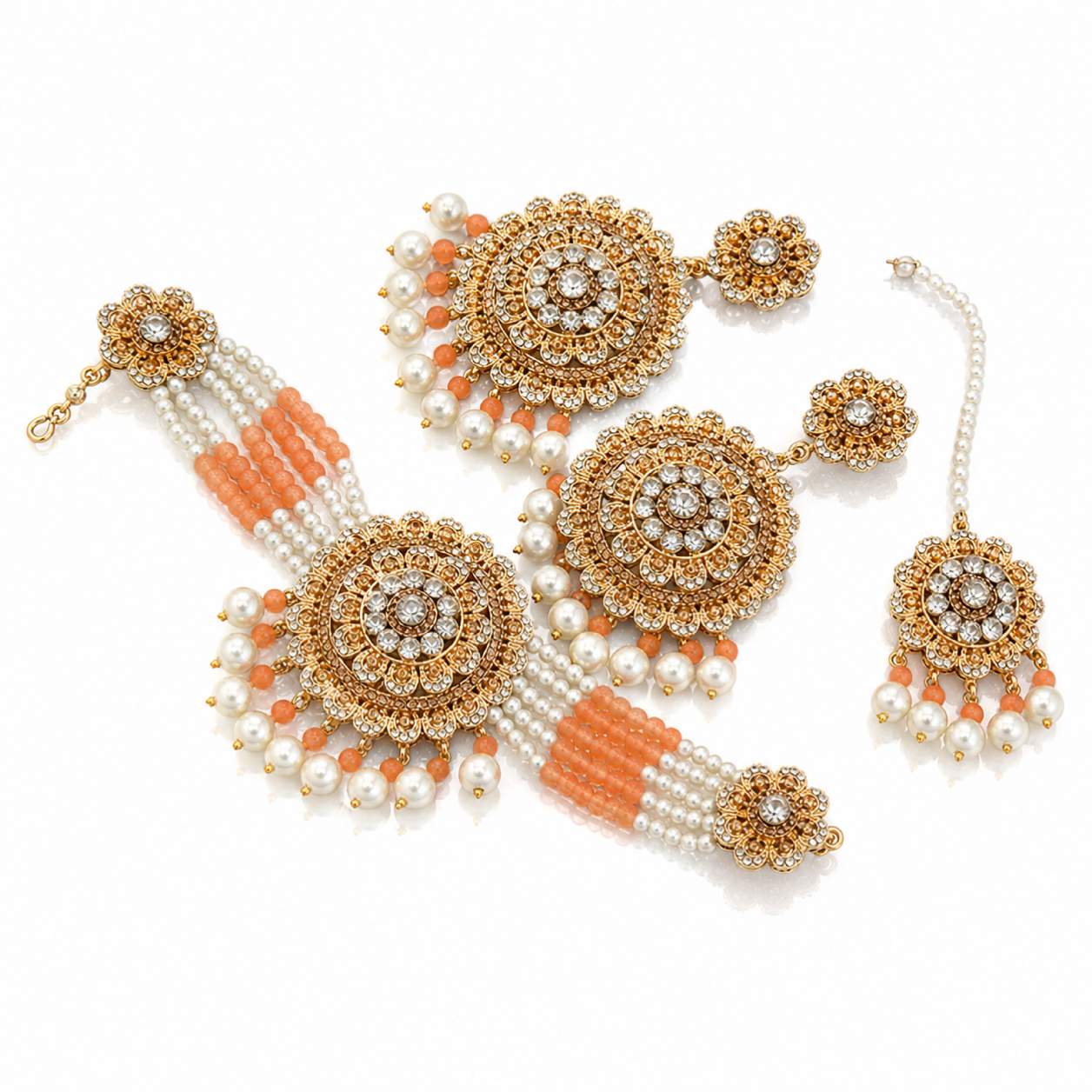 Meenakari Chandbali Haath Phool Set - close-up of mandala disc rhinestone detail