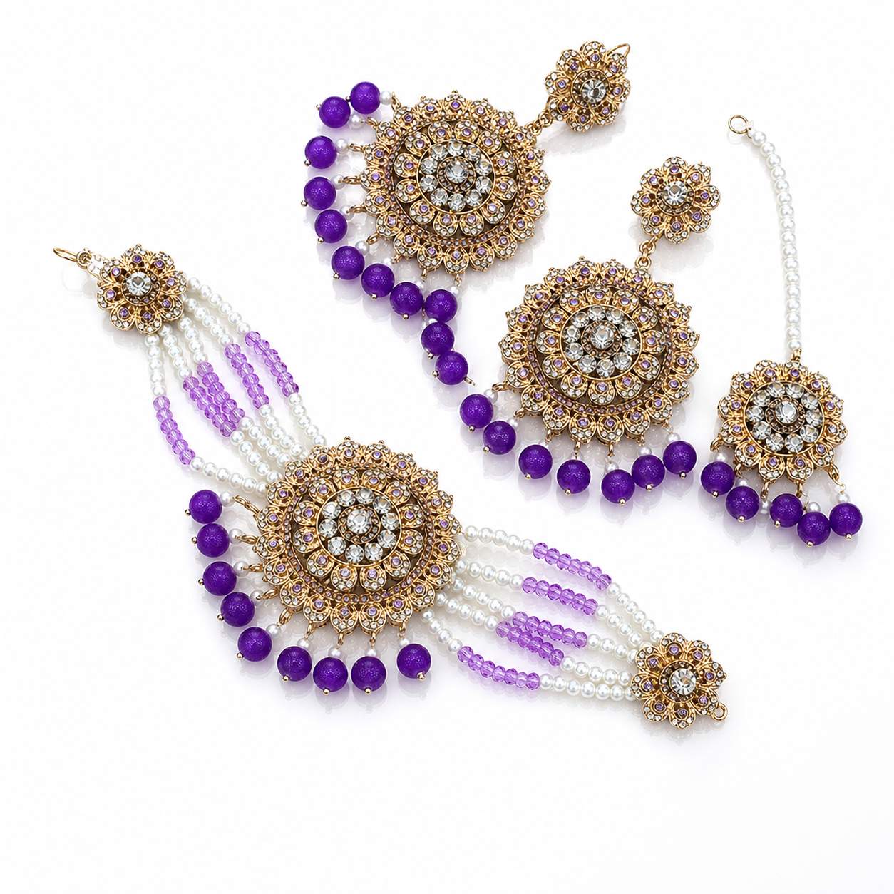 Meenakari Chandbali Haath Phool Set - full set layout showing haath phool, earrings and maang tikka
