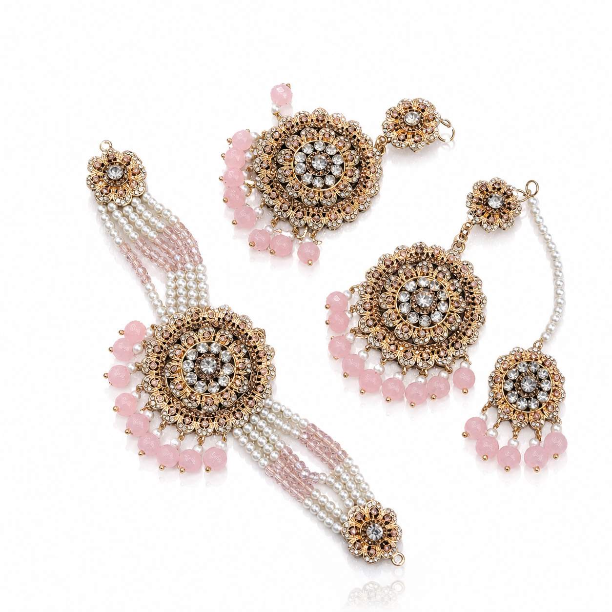 White Pearl Meenakari Chandbali Haath Phool Set - all-white pearl strands with golden rhinestone disc