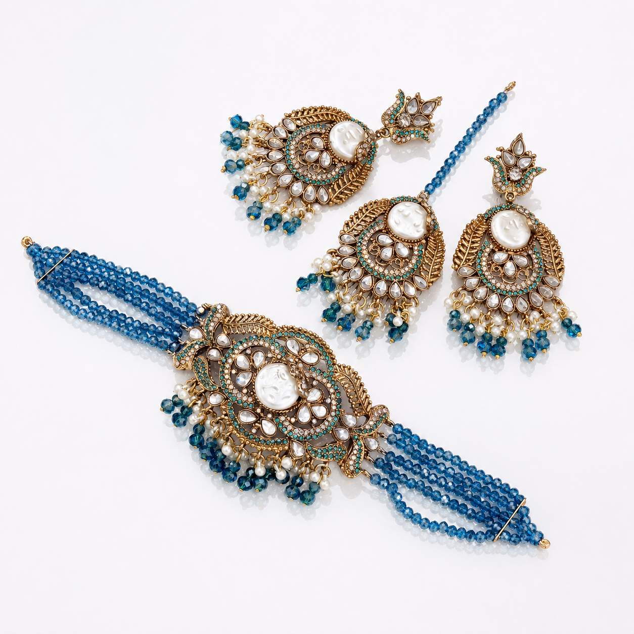 Silver White Kundan Chandbali Haath Phool Set - rhodium silver disc with clear rhinestones and white pearl fringe