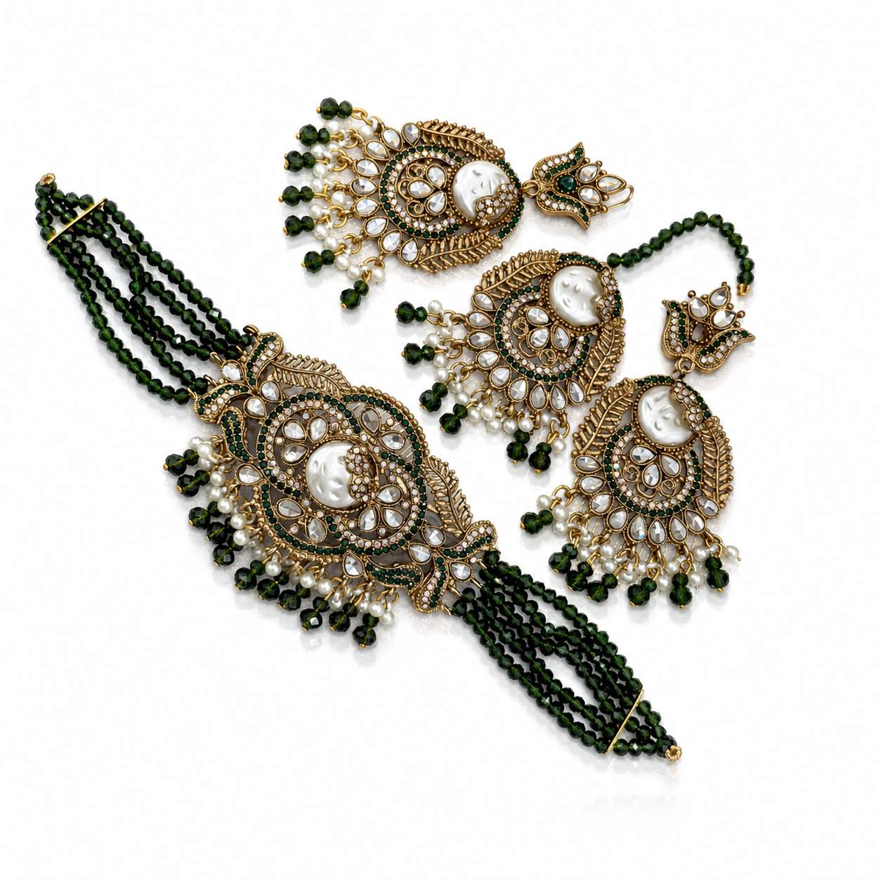 Teal Blue Kundan Chandbali Haath Phool Set - antique gold paisley disc with teal crystal beads and rhinestone accents