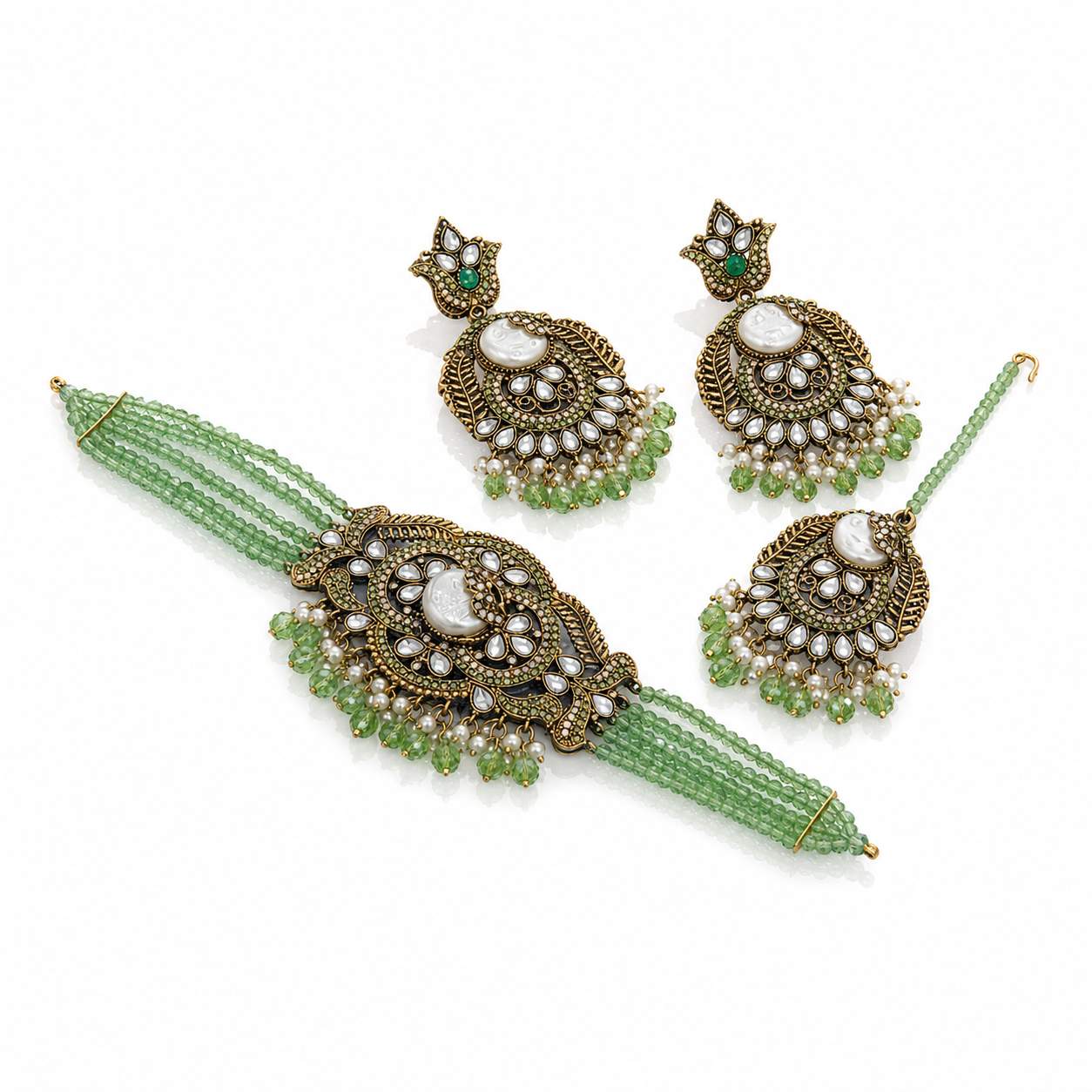 Dark Green Kundan Chandbali Haath Phool Set - antique gold paisley disc with forest green crystal beads and pearl drops