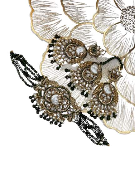 Mint Green Kundan Chandbali Haath Phool Set - antique gold paisley disc with mint crystal beads and pearl fringe