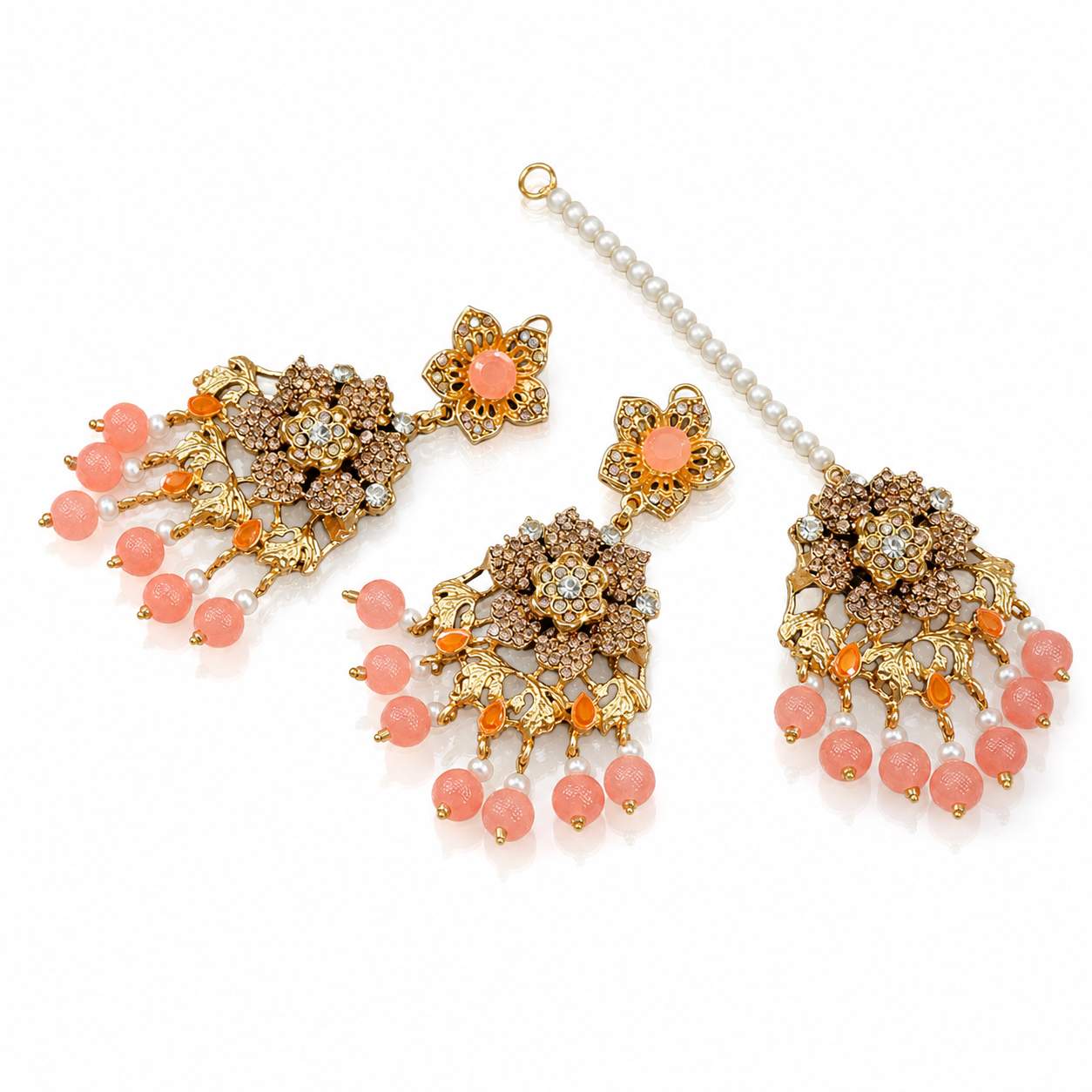 Peach Coral Floral Rhinestone Chandbali Earring and Maang Tikka Set - peach bead fringe with antique gold floral disc