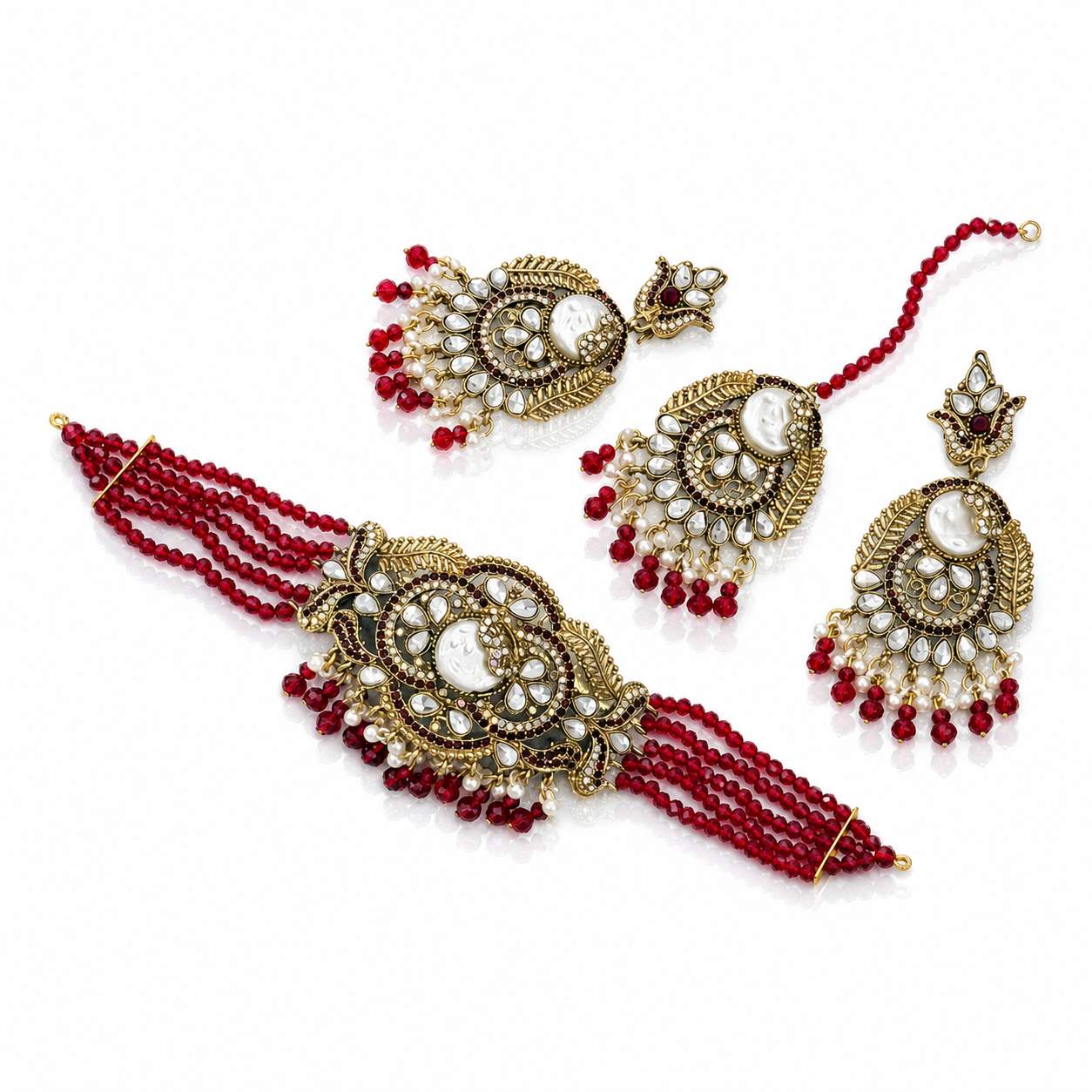 Jet Black Kundan Chandbali Haath Phool Set - antique gold paisley disc with black crystal bead strands and pearl drops