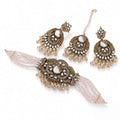 Crimson Red Kundan Chandbali Haath Phool Set - antique gold paisley disc with red crystal bead strands and pearl fringe