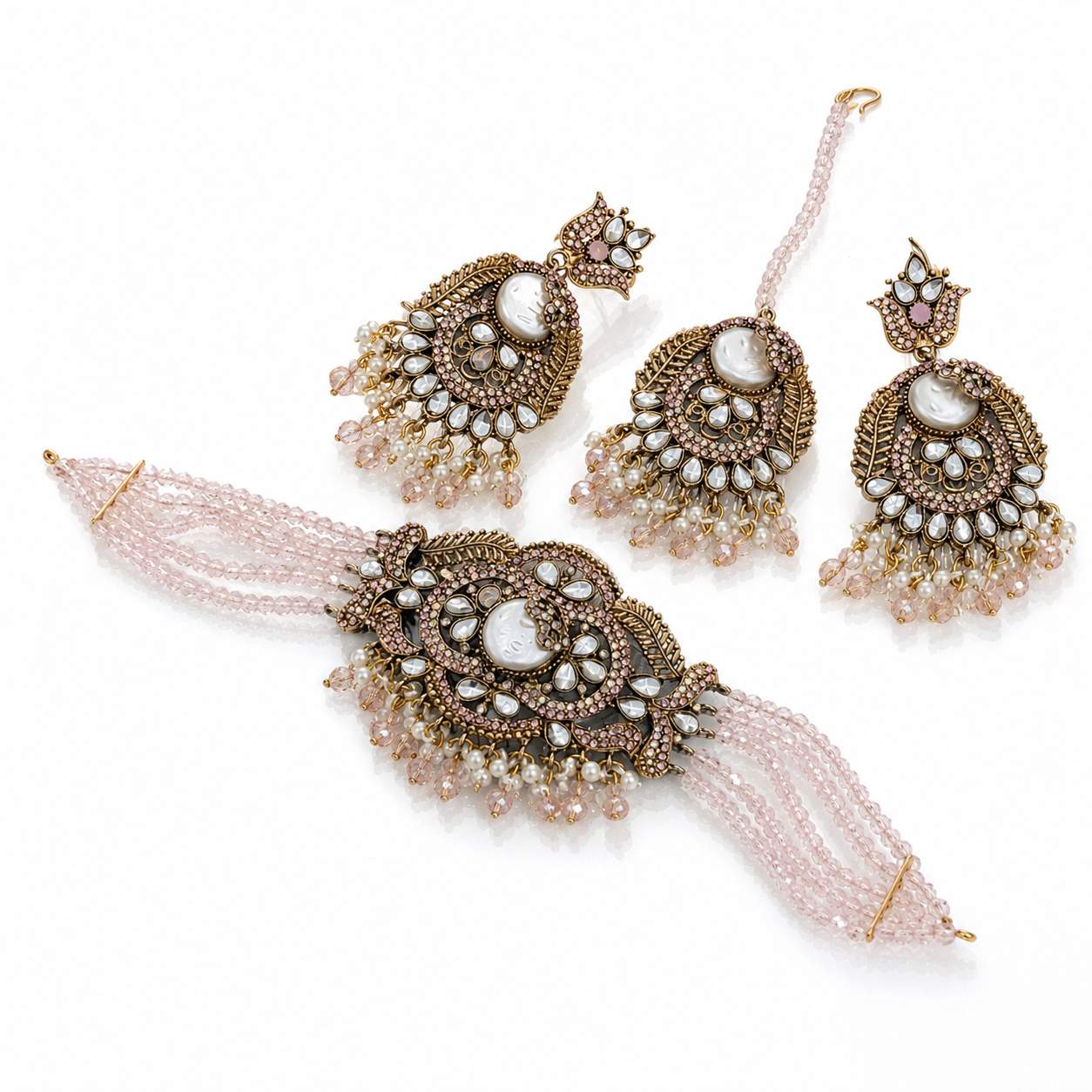 Crimson Red Kundan Chandbali Haath Phool Set - antique gold paisley disc with red crystal bead strands and pearl fringe