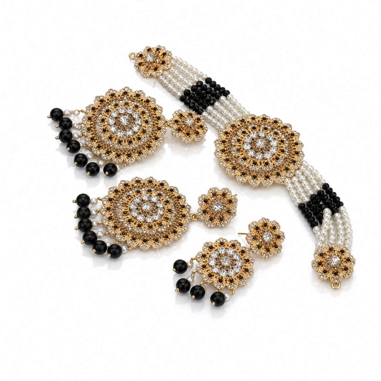 Peach Coral Meenakari Chandbali Haath Phool Set - mandala disc with peach crystal and white pearl strands